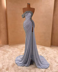 One Shoulder Sleeveless Long Split Prom Dress With Pleated Sequins BMBRIDE