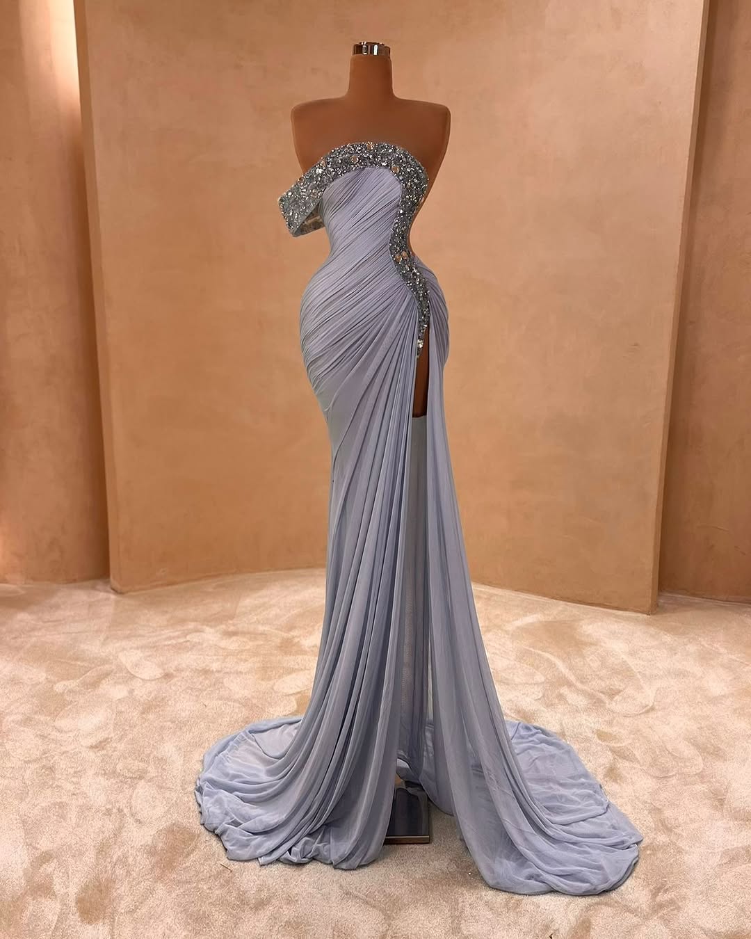 One Shoulder Sleeveless Long Split Prom Dress With Pleated Sequins BMBRIDE