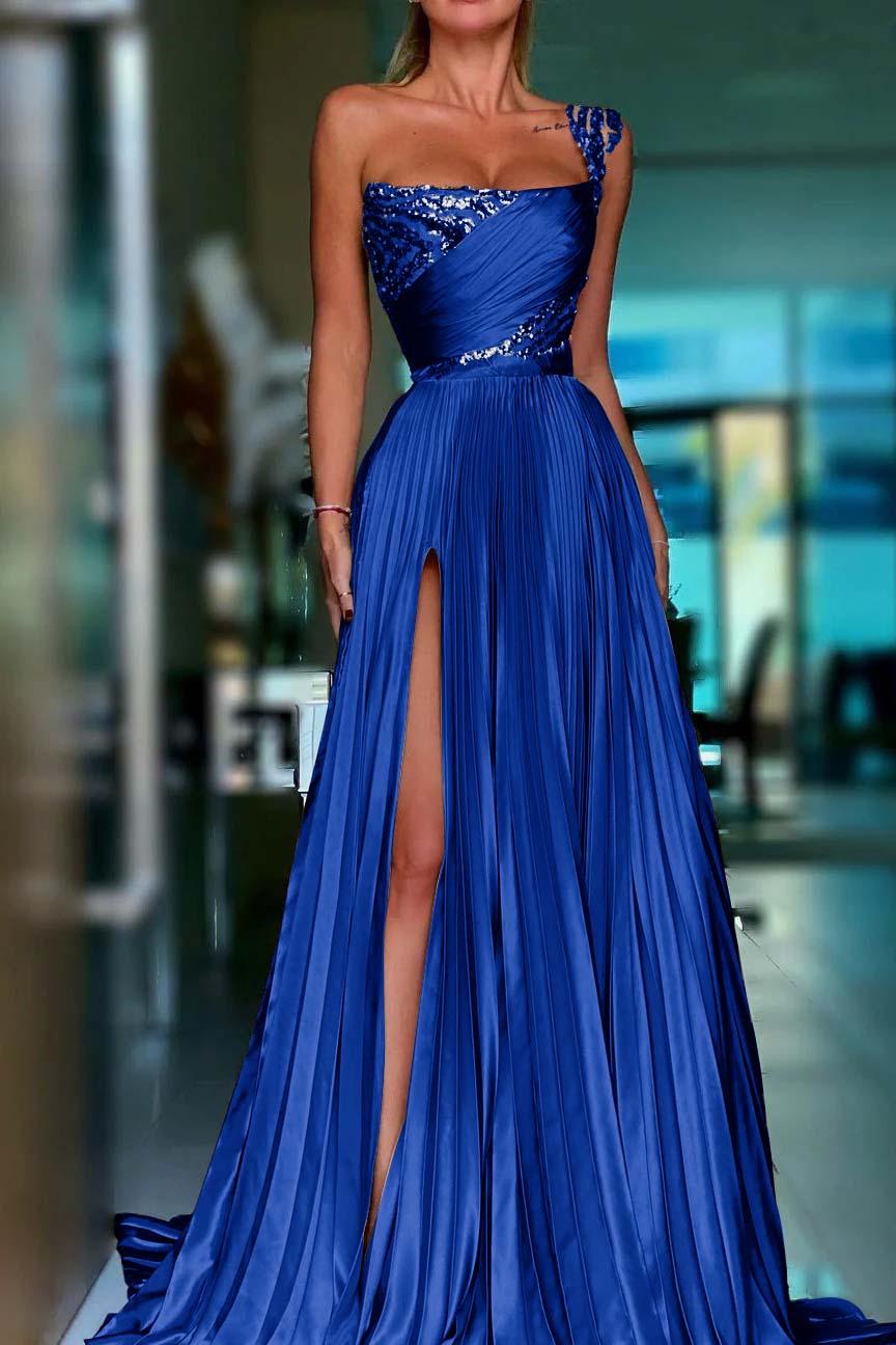 One Shoulder Sleeveless Long Prom Dress With High Split Sequins BMBRIDE
