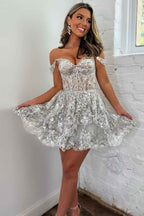 Sparkly Grey A-Line Tiered Lace Short Homecoming Prom Dress Bmbride