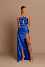 Chic Pink Sleeveless Evening Dress with Strapless Design and Side Slit Pleats BM bride