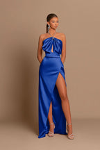 Pink Chic Evening Dress Sleeveless Strapless with Side Slit Pleats BM bride