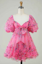 Ivory Puff Sleeves A-Line Floral Short Homecoming Dress with Ruffles Bmbride