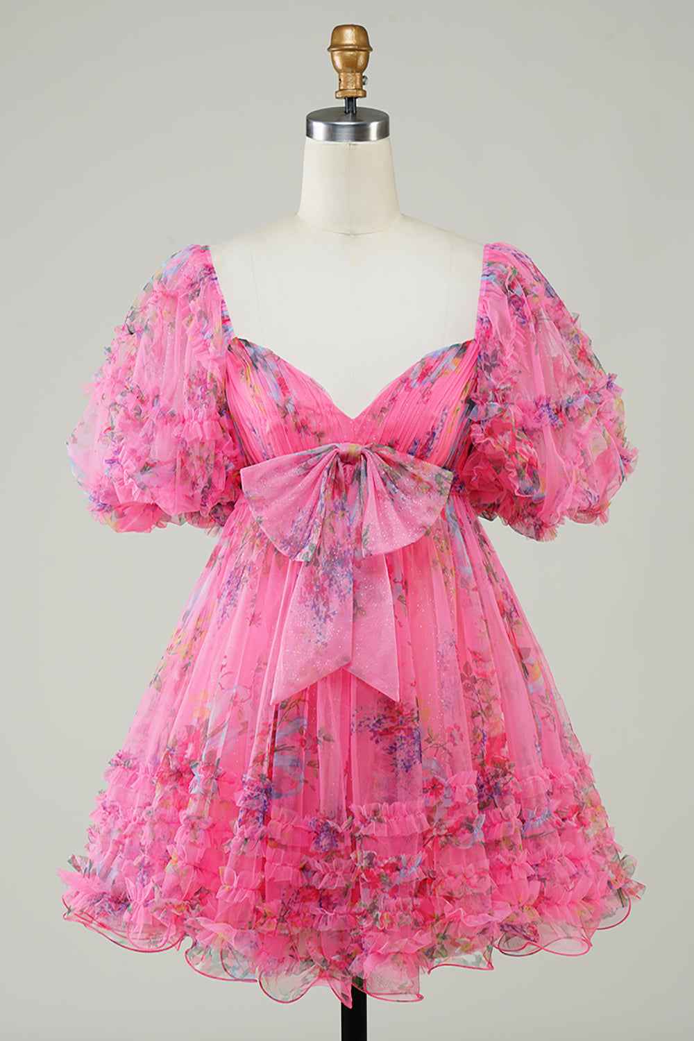 Fuchsia Puff Sleeves A-Line Floral Short Homecoming Dress with Ruffles Bmbride