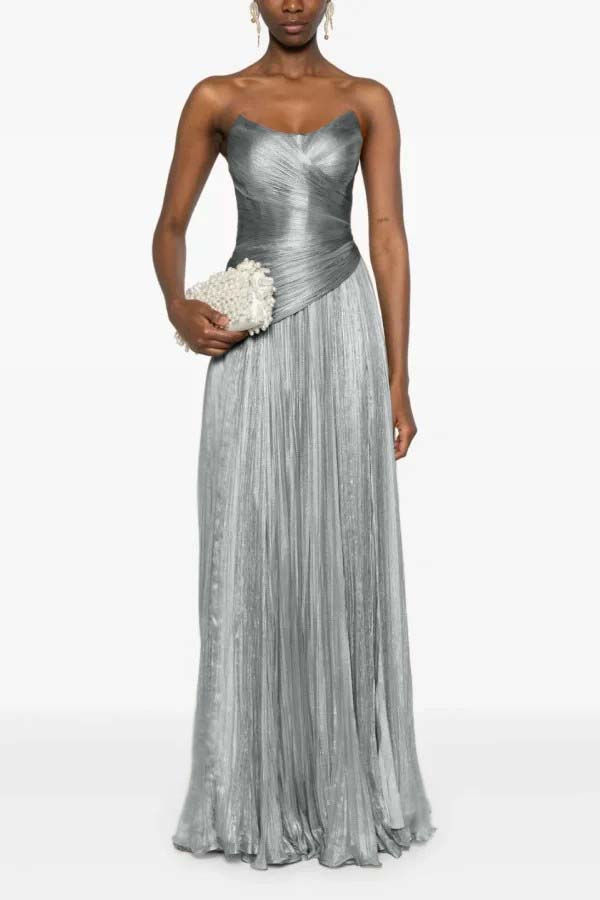 Chic Strapless Sleeveless Long Prom Dress With Ruffles Pleated