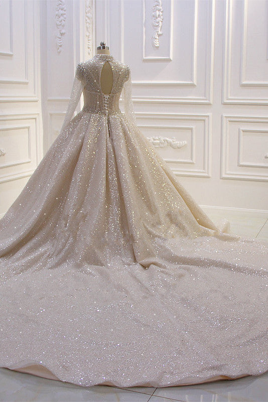 High Neck Long Sleeve Satin Ball Gown Wedding Dress with Sequins BM bride