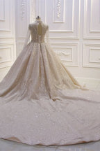 High Neck Long Sleeve Satin Ball Gown Wedding Dress with Sequins BM bride