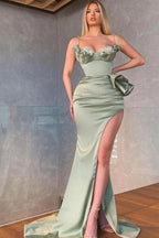 Dusty Sage Spaghetti-Straps Mermaid Prom Dress with Split Beadings Ruffles BM bride
