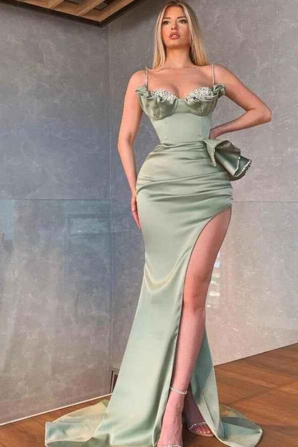 Dusty Sage Spaghetti Strap Prom Dress Mermaid Split With Beadings Ruffles