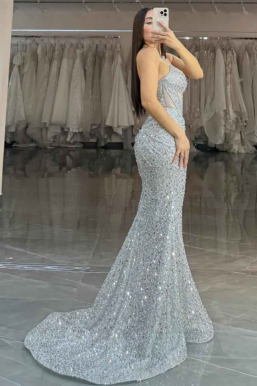 Spaghetti Strap Sleeveless Long Mermaid Prom Dress With Sequins