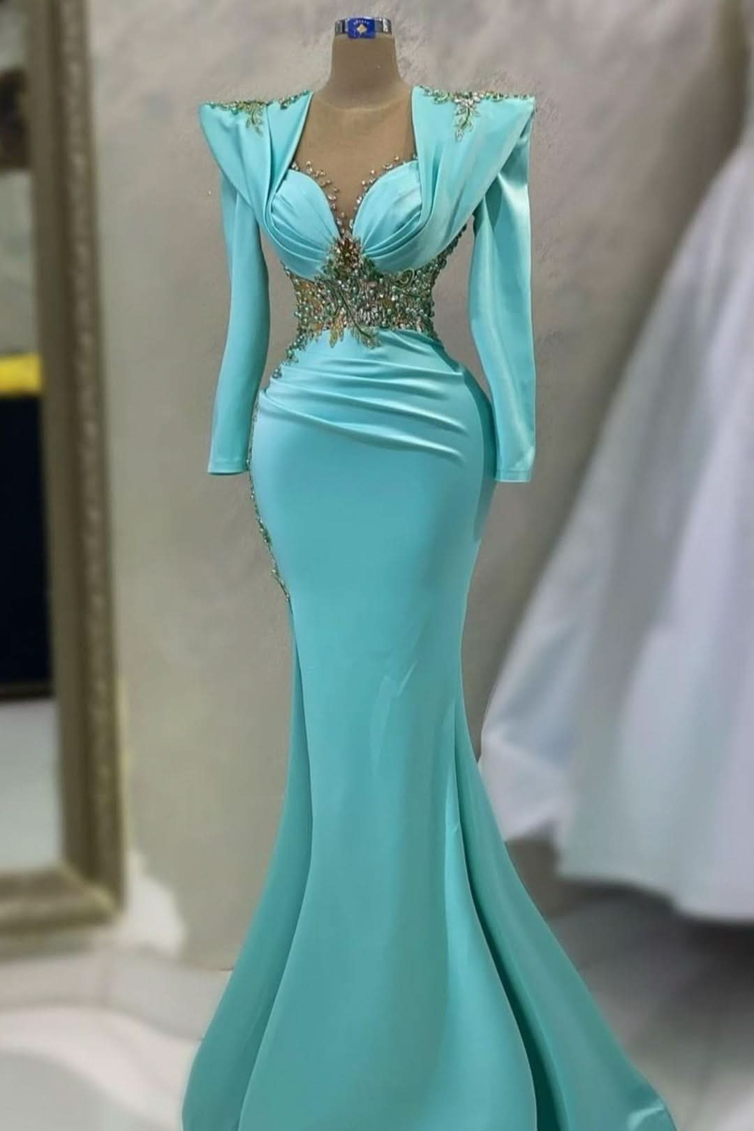 Emerald Satin Prom Dress Sleeves Applikation Long Mermaid BM bride