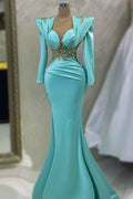 Emerald Satin Prom Dress Sleeves Long Mermaid With Appliques