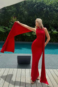 High Neck Sleeveless Long Mermaid Prom Dress With Pleated Shawl