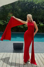 High Neck Sleeveless Long Mermaid Prom Dress With Pleated Shawl