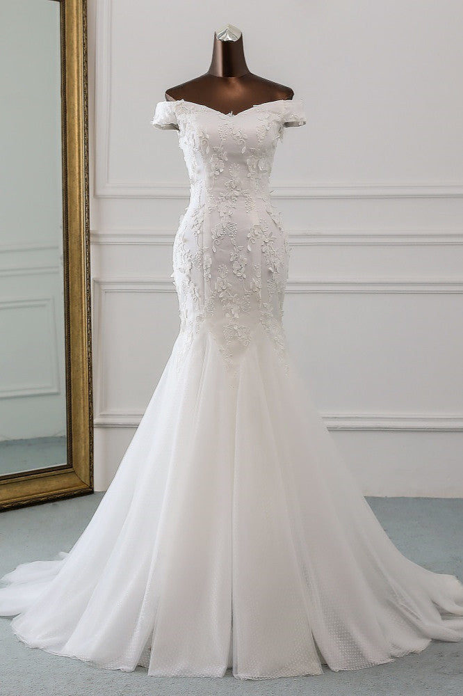 Off-the-Shoulder Mermaid Long Wedding Dress with Tulle Lace BM bride