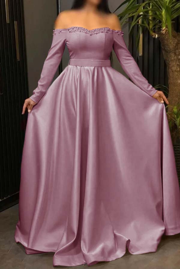 Off the Shoulder Long Sleeves Long Prom Dress With Pleated Beading BMBRIDE