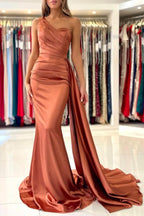 Burnt Orange One-Shoulder Sleeveless Mermaid Prom Dress with Ruffles BM bride