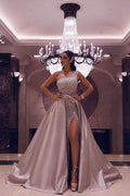 Silvery One-Shoulder Long Mermaid Prom Dress with Split and Sequins BM bride
