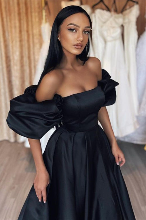 Black Bubble Sleeves Strapless Mermaid Long Prom Dress BM bride