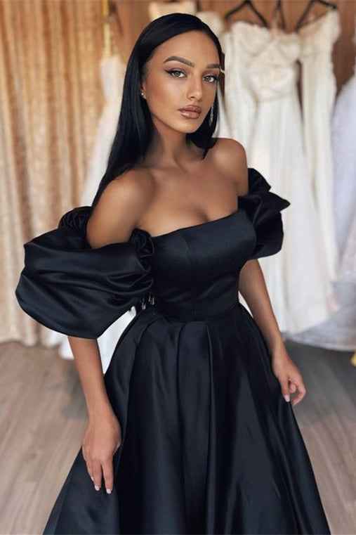 Black Off the Shoulder High Waist Prom Dress A Line With Bubble Sleeves