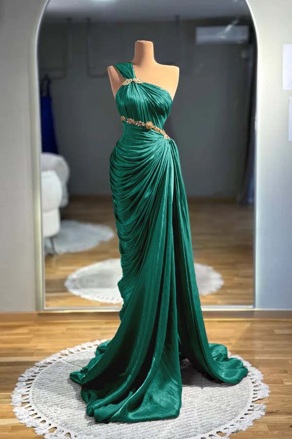One Shoulder Sleeveless Long Mermaid Prom Dress With Pleated BMBRIDE