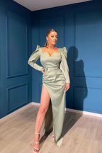 Dusty Sage Elegant Long Sleeve V-Neck Evening Dress with Front Split BM bride
