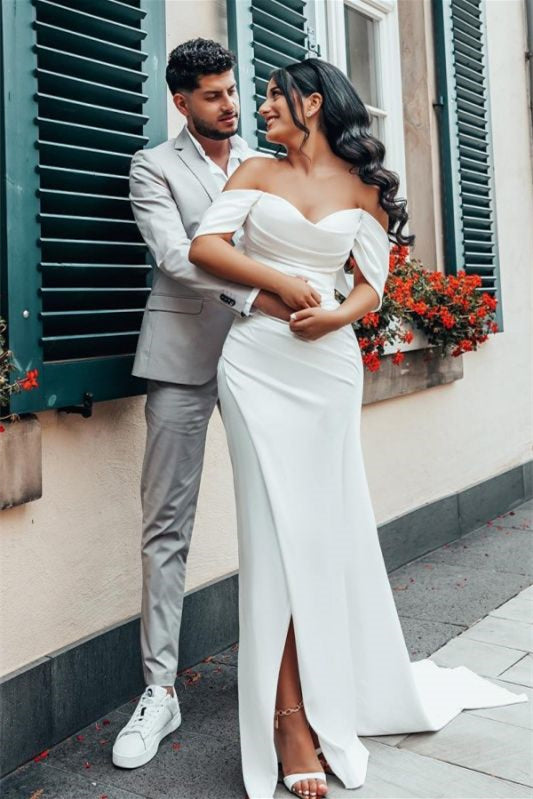 Off-the-Shoulder Charmeuse Wedding Dress with Split BM bride