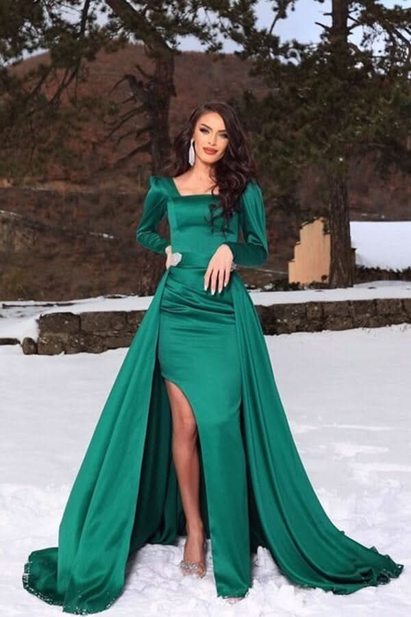Dark Green Long Sleeve Mermaid Prom Dress with Slit and Detachable Skirt BM bride