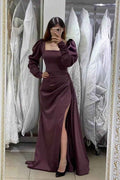 Square Neck Long Mermaid Puff Sleeves Pleated Prom Dress With Side Split