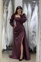 Square Neck Long Mermaid Puff Sleeves Pleated Prom Dress With Side Split