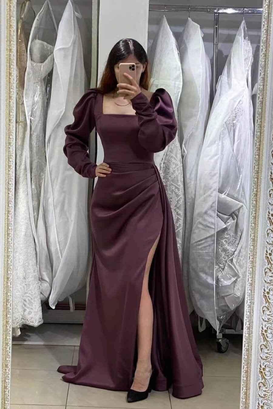 Square Neck Long Mermaid Puff Sleeves Pleated Prom Dress With Side Split