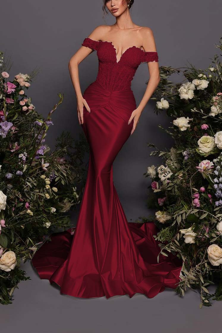 Off The Shoulder Sleeveless Long Mermaid Prom Dress With Pleated BMBRIDE