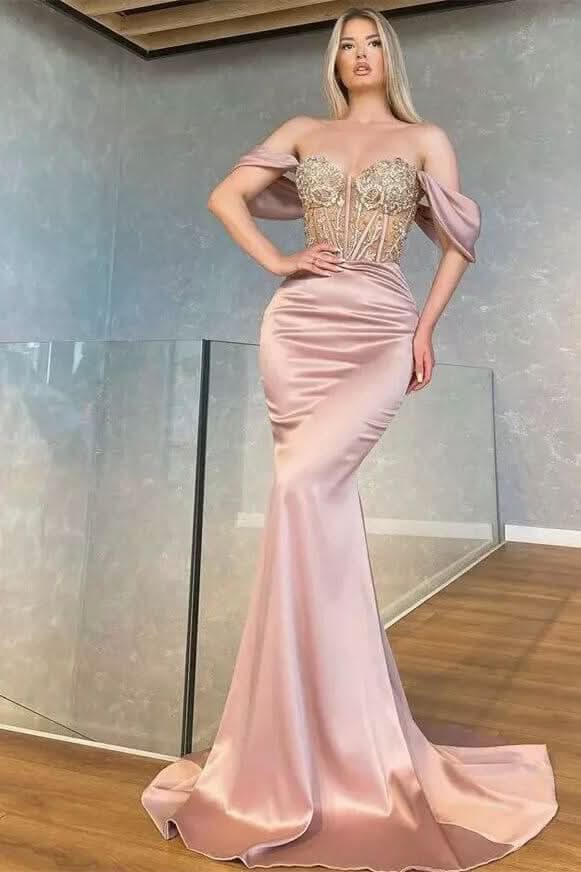 Off-the-Shoulder Sweetheart Mermaid Prom Dress with Beads BM bride