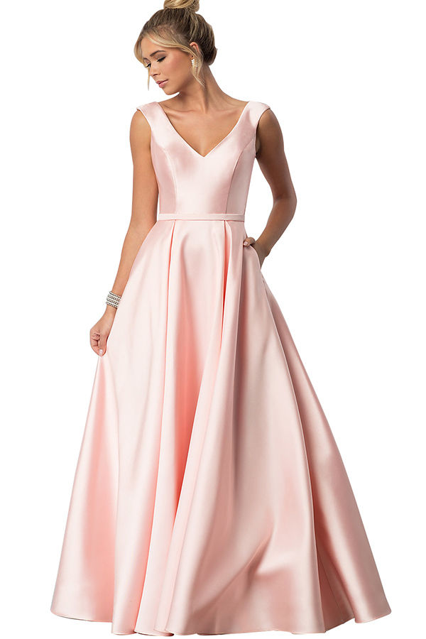 Straps V Neck Sleeveless Long Prom Dress With Pockets Pleated