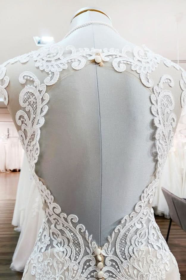 Sweetheart Open Back Long Mermaid Wedding Dress with Lace Appliques BM bride