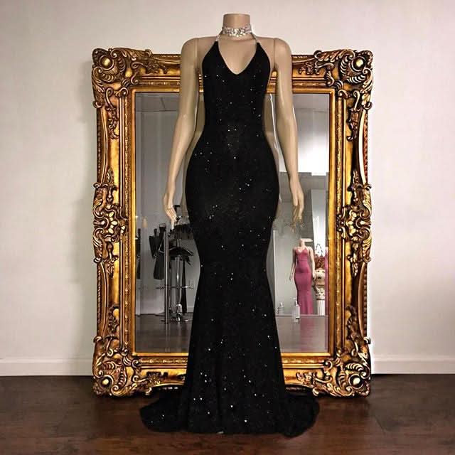 Elegant Halter V-Neck Mermaid Evening Dress with Sequins BM bride