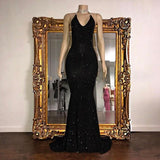 Elegant Halter V-Neck Mermaid Evening Dress with Sequins BM bride