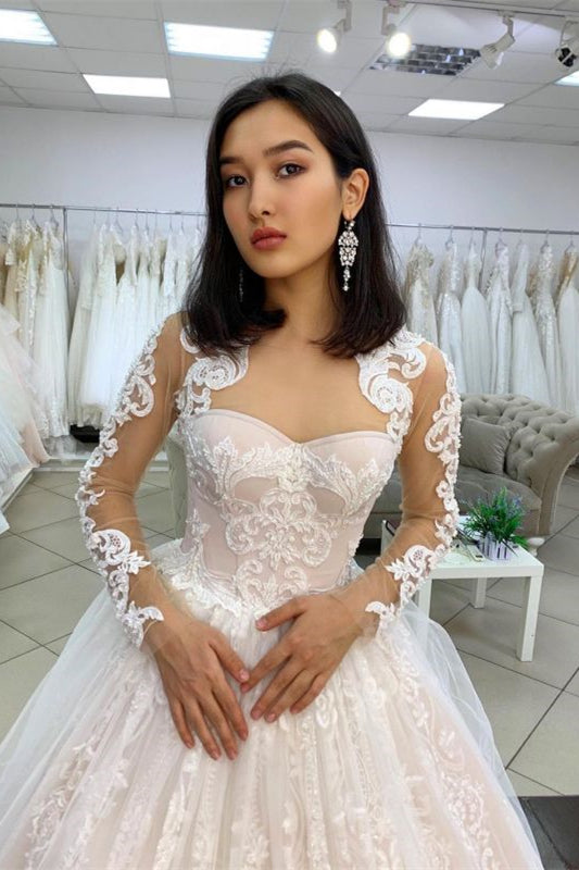 Long Sleeve Sweetheart Ball Gown Wedding Dress with Appliques BM bride