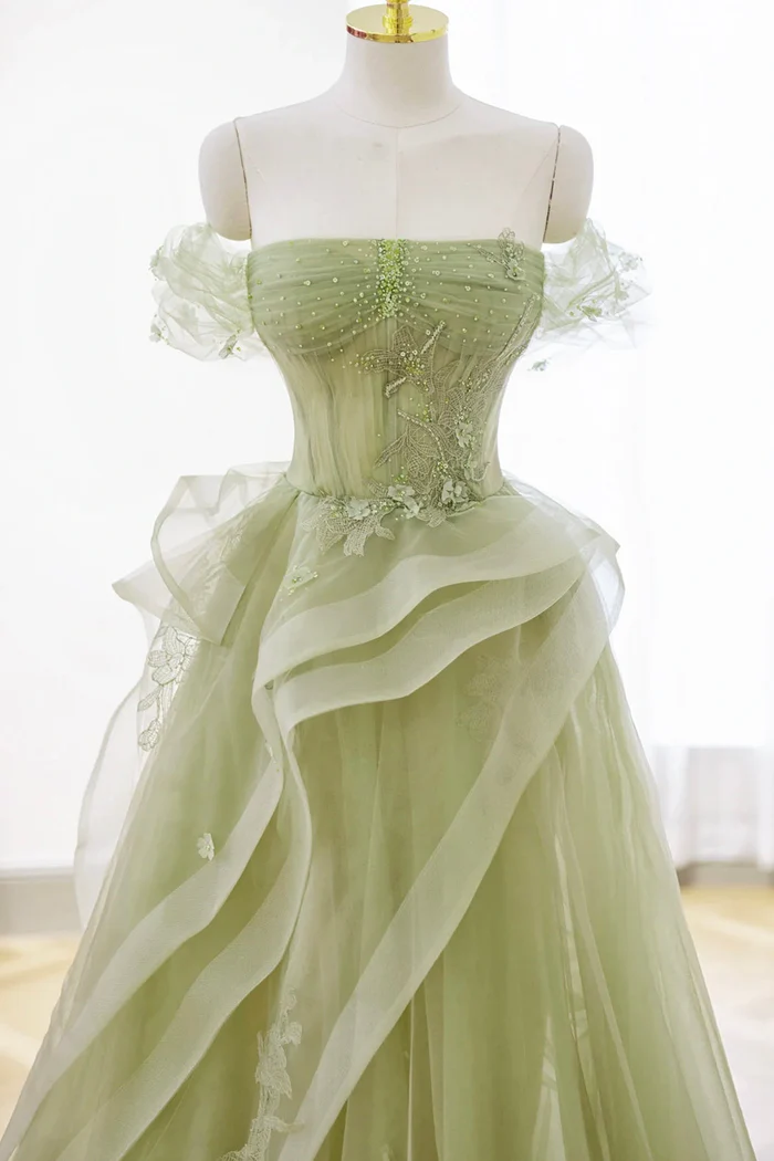 Tulle Off the Shoulder Sleeveless Long Prom Dress With Appliques BMBRIDE