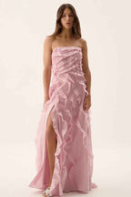Glamorous Sleeveless Split Strapless Long Prom Dress With Ruffles