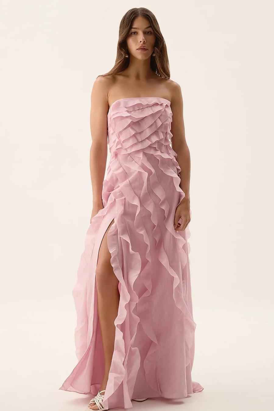 Glamorous Sleeveless Split Strapless Long Prom Dress With Ruffles