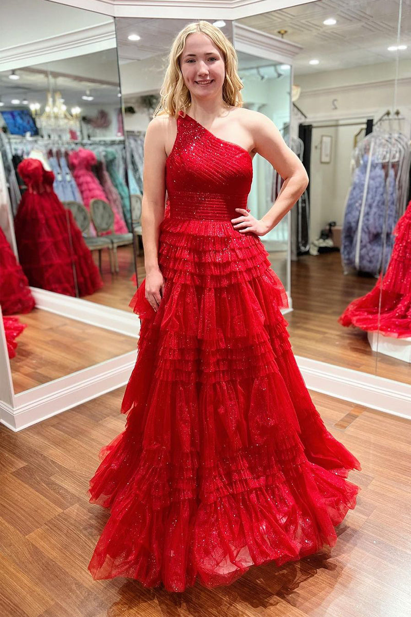 Sparkly Red One-Shoulder Ruffle Tulle A-Line Long Prom Dress BM bride