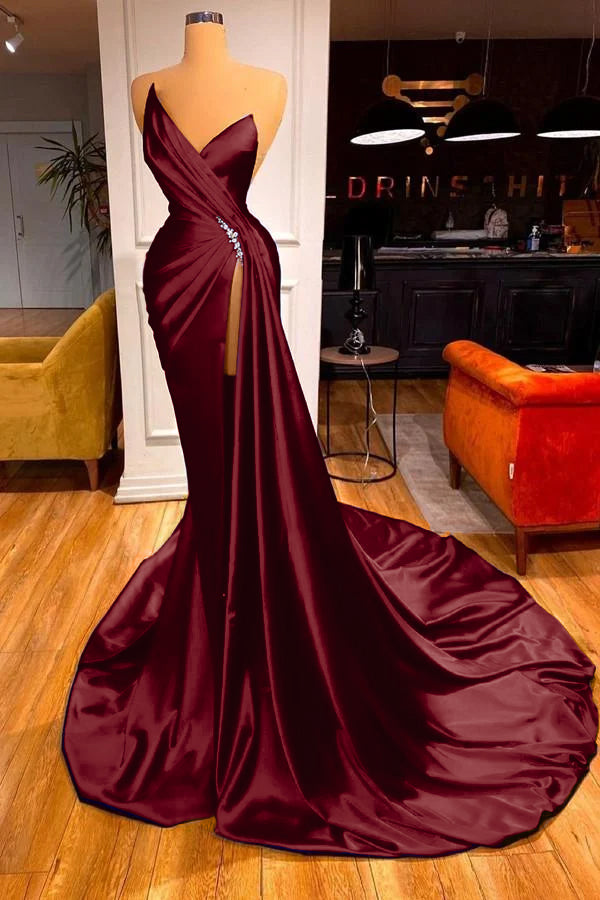 Strapless Sleeveless High Split Long Prom Dress With Beading