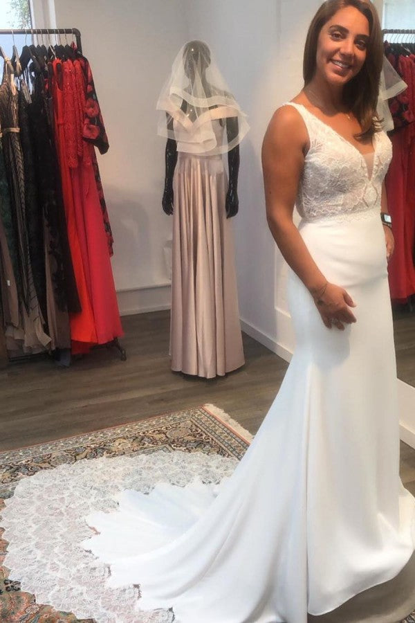 V-Neck Open Back Spaghetti Strap Mermaid Wedding Dress with Floor-Length Satin and Lace Appliques BM bride