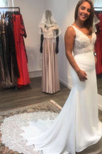 V-Neck Open Back Spaghetti Strap Mermaid Wedding Dress with Floor-Length Satin and Lace Appliques BM bride