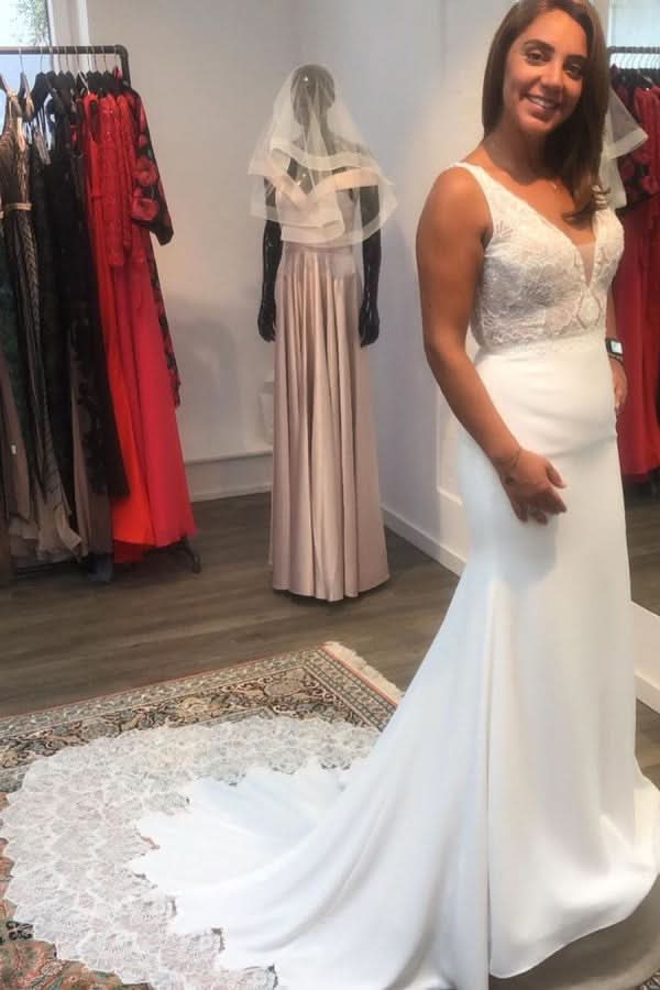 V-Neck Open Back Spaghetti Strap Mermaid Wedding Dress with Floor-Length Satin and Lace Appliques BM bride