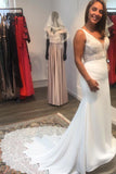 V-Neck Open Back Spaghetti Strap Mermaid Wedding Dress with Floor-Length Satin and Lace Appliques BM bride