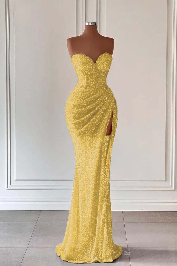 Red Sweetheart Sleeveless Long Mermaid Sequins Prom Dress With High Split BMBRIDE