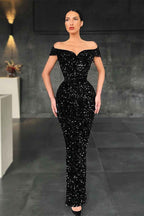 Black Chic Off the Shoulder Strapless Sleeveless Sequins Mermaid Prom Dress