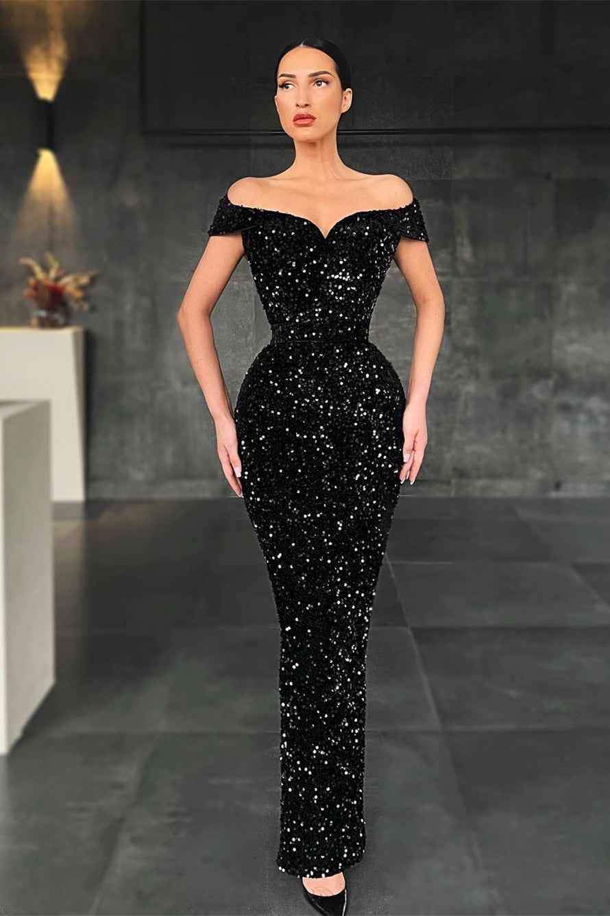 Black Chic Off the Shoulder Strapless Sleeveless Sequins Mermaid Prom Dress